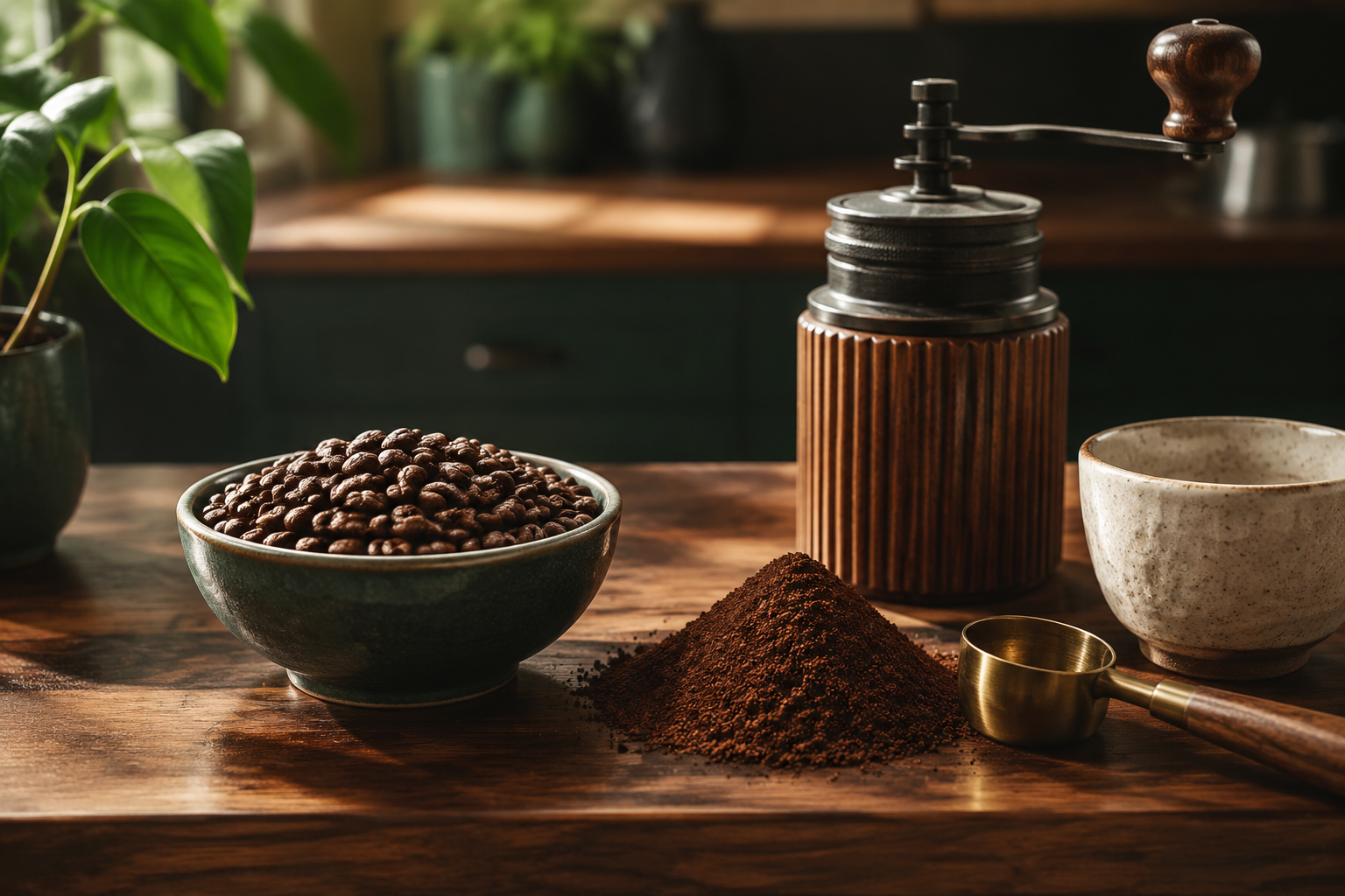 Whole coffee beans, ground coffee and a hand grinder on a warm wooden worktop