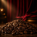 Velvet Aria roasted coffee beans with burgundy velvet and warm stage lighting