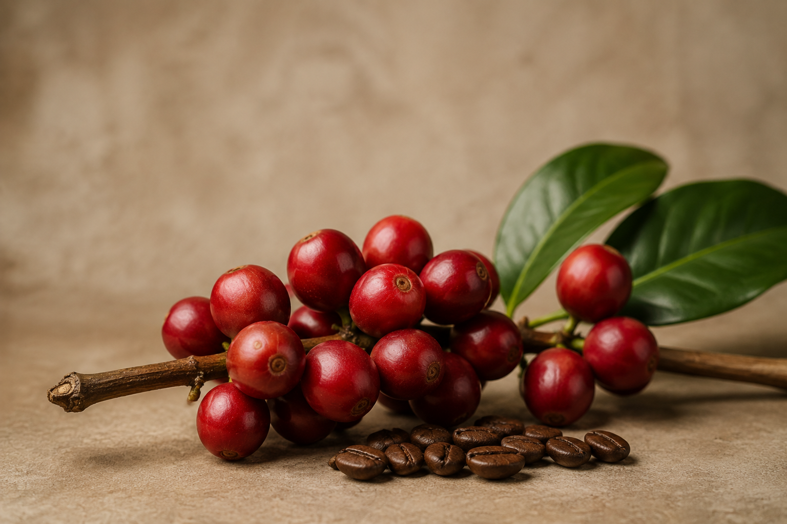 Ripe coffee cherries with roasted coffee beans