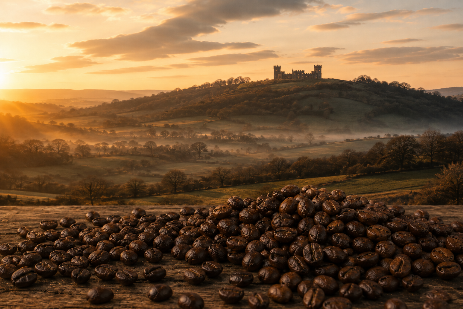 Riber Reserve coffee beans with Riber Castle silhouetted on the Derbyshire hill